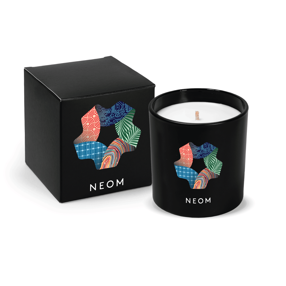 Matte black 9 oz. printed custom candle paired with a matte black gift box.