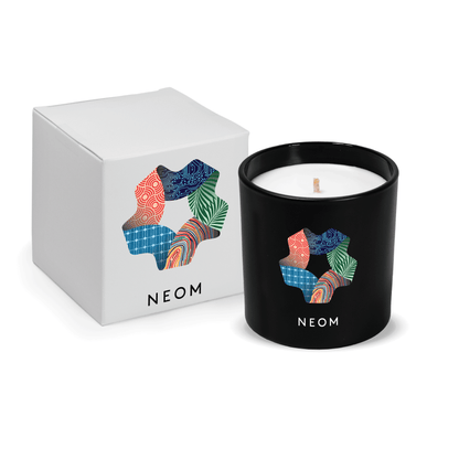 Matte black 9 oz. printed custom candle paired with a white gift box.