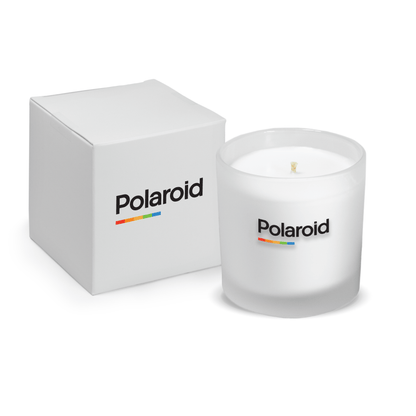 Satin frosted 9 oz. printed candle with a white gift box, second brand example.