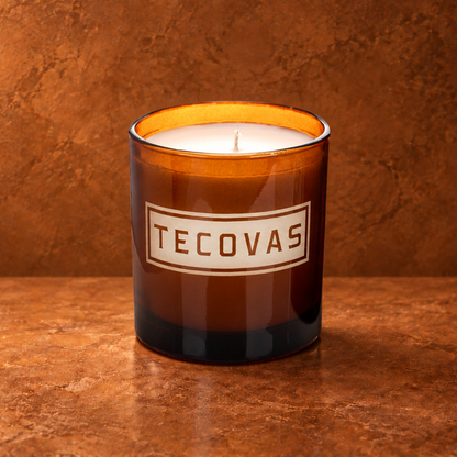 Glossy Amber 9 oz. Classic Engraved Candle with a custom engraved logo, unlit.