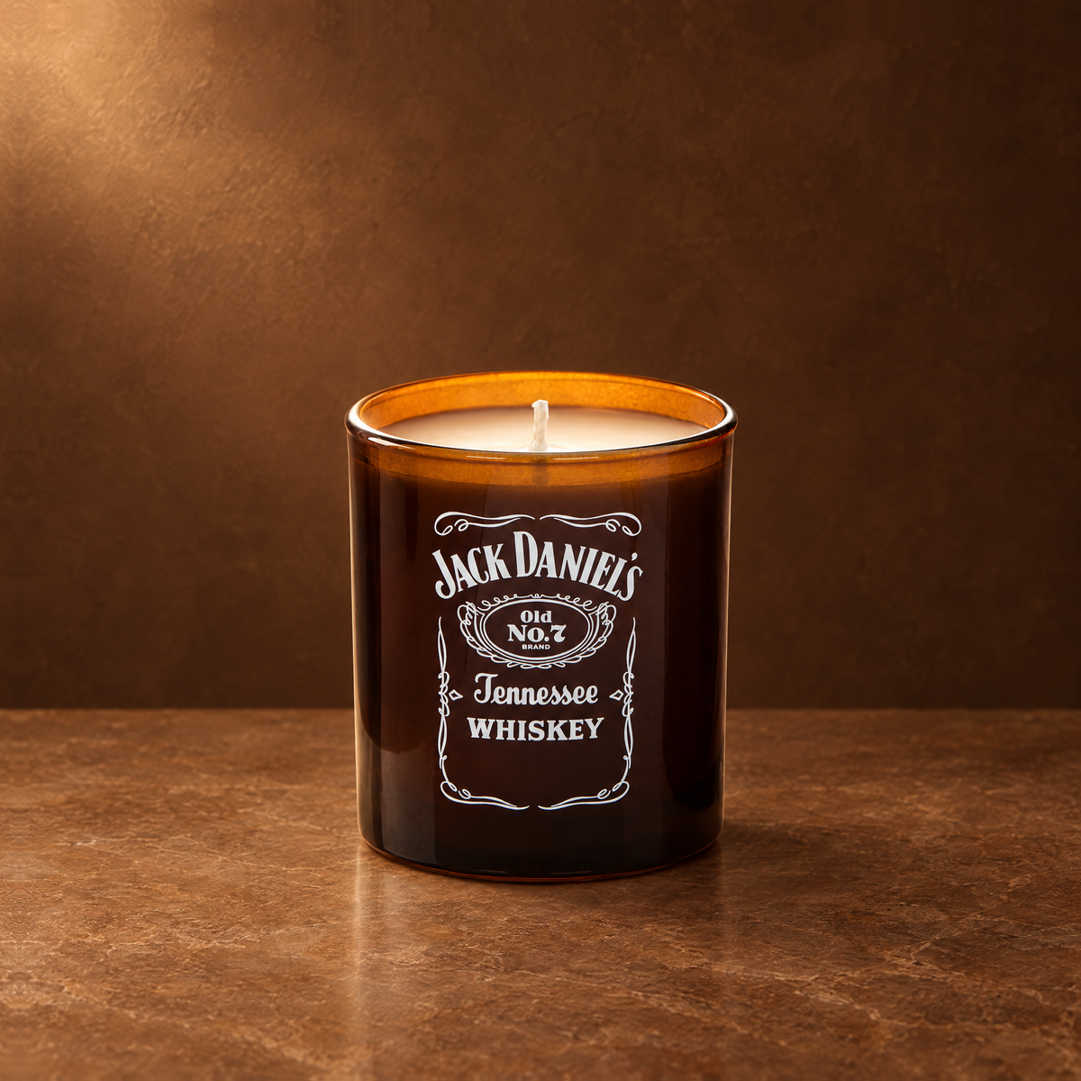 Glossy amber 9 oz. Classic Printed Candle with a custom printed logo, unlit.