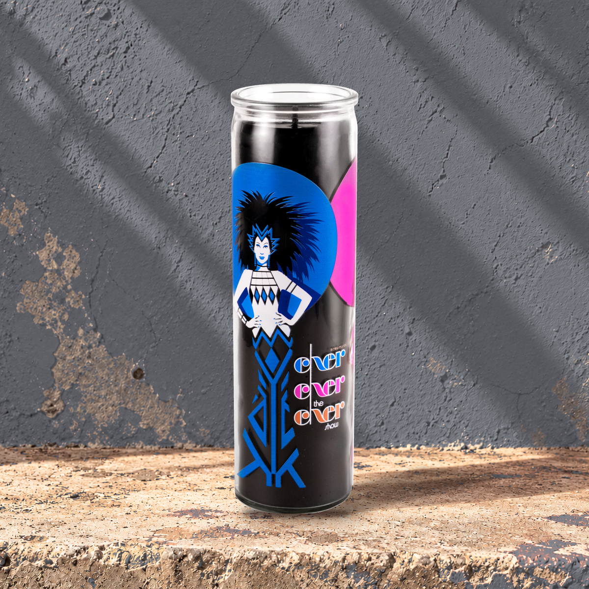 Black 16 oz custom prayer candle printed with the Cher logo on a black background, unlit