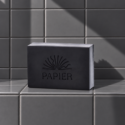 Black rectangle bar soap laser engraved with a brand logo, 3.25 oz