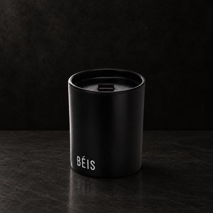 Matte black 14 oz. Luxury Printed Candle with a custom printed logo, unlit.