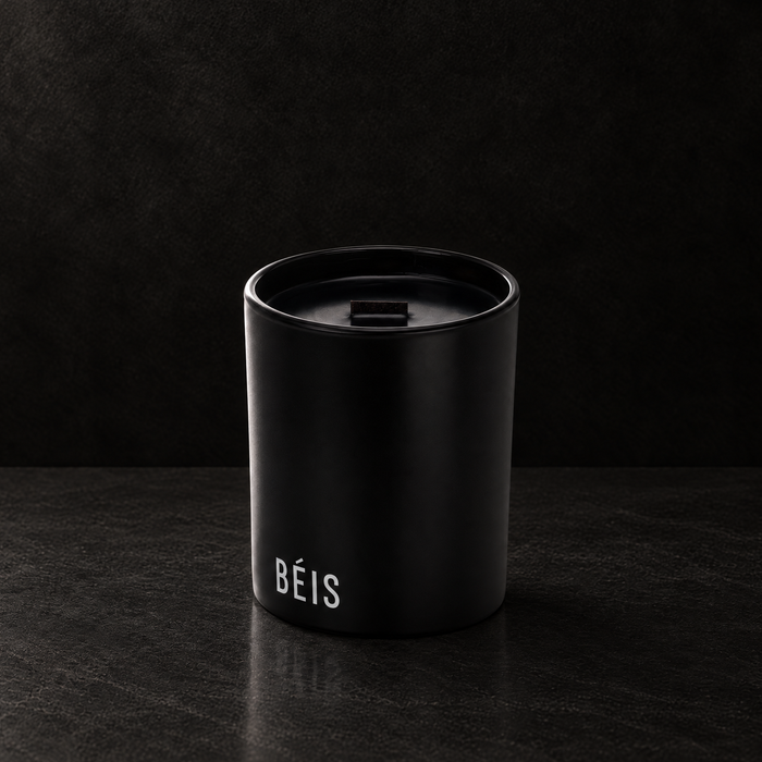 Matte black 14 oz. Luxury Printed Candle with a custom printed logo, unlit.