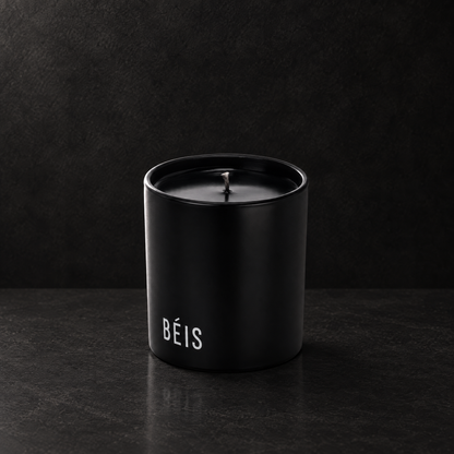 Matte black 9 oz. Classic Printed Candle with a custom printed logo, unlit.