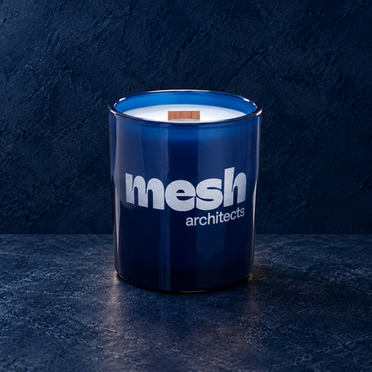 Blue 14 oz. Luxury Engraved Candle with a custom engraved logo, unlit.