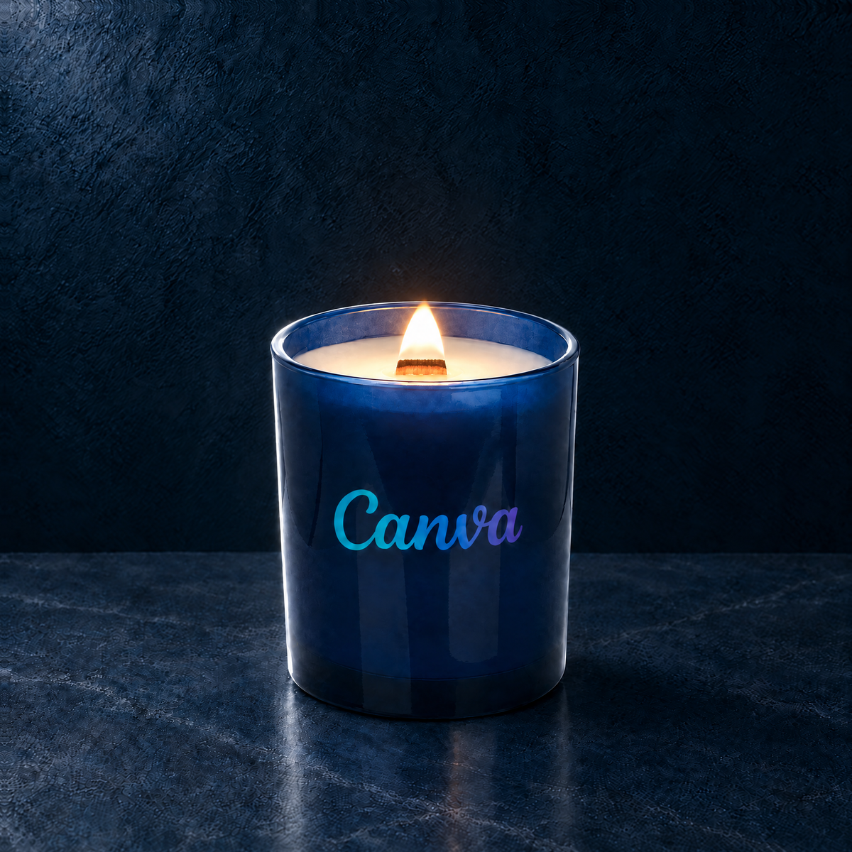 Blue 14 oz. Luxury Printed Candle lit with a printed custom logo, shown on a matching blue background.