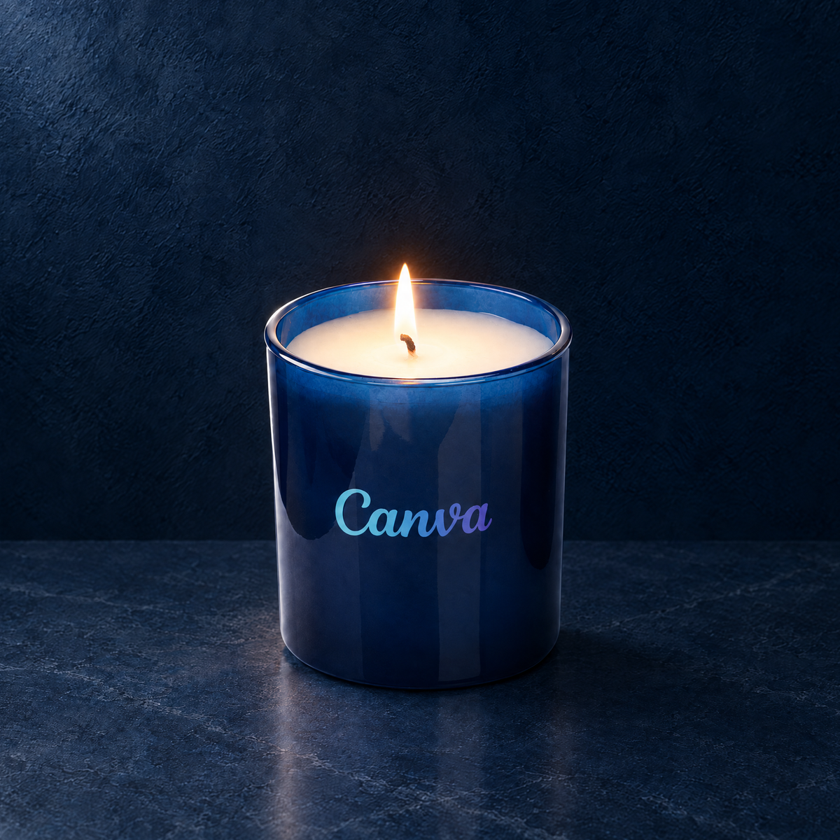 Blue 9 oz. Classic Printed Candle lit with a printed custom logo, shown on a matching blue background.