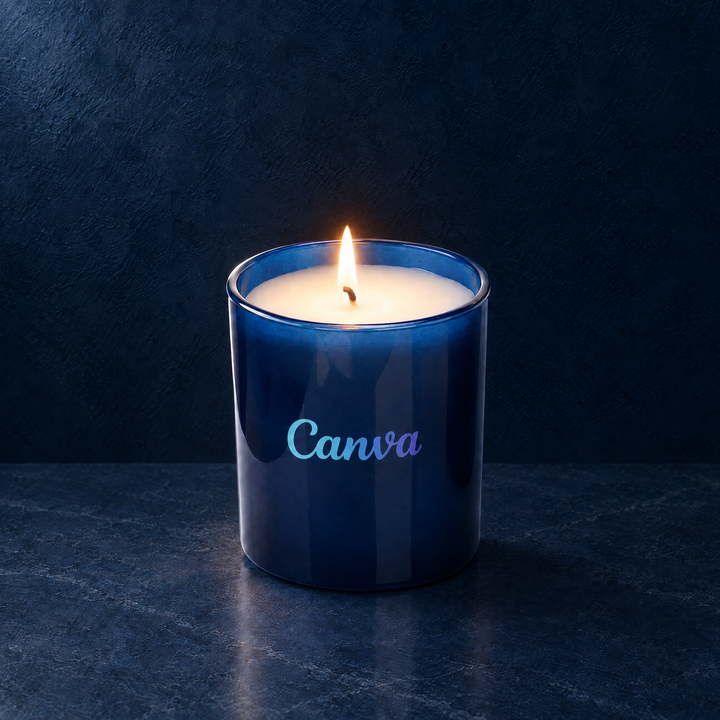 Blue glass 9 oz candle with a custom printed script logo, lit on a blue surface
