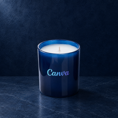 Blue 9 oz. Classic Printed Candle with a custom printed logo, unlit.