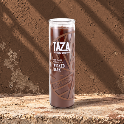 Brown 16 oz custom prayer candle printed with the Taza logo on a brown background, unlit