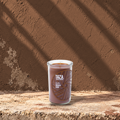 Brown 5 oz custom mini prayer candle printed with the Taza logo on a brown background, unlit