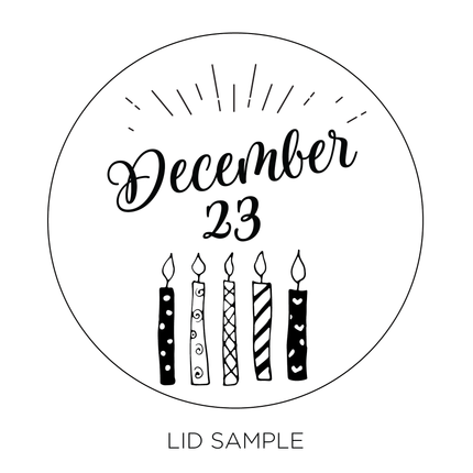 A sample of the wooden lid for the "Happy Birthday with Name and BirthdayPremium" Candle by Custom Candles L.A. features the date "December 23" with 5 decorative candles below.