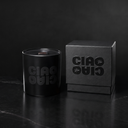 Matte Black 14 oz. Luxury Printed Candle with a tone-on-tone CIAO CIAO logo, shown with its matte black gift box.