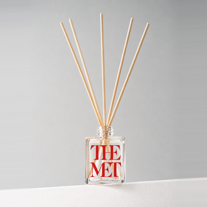 Clear glass 2.5 oz. mini reed diffuser with natural reeds and a red and black printed logo, on a white ledge against a soft gray backdrop