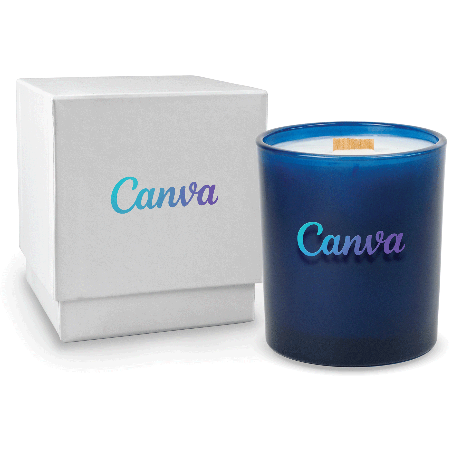 Blue colored-glass 14 oz candle beside a glossy white gift box.