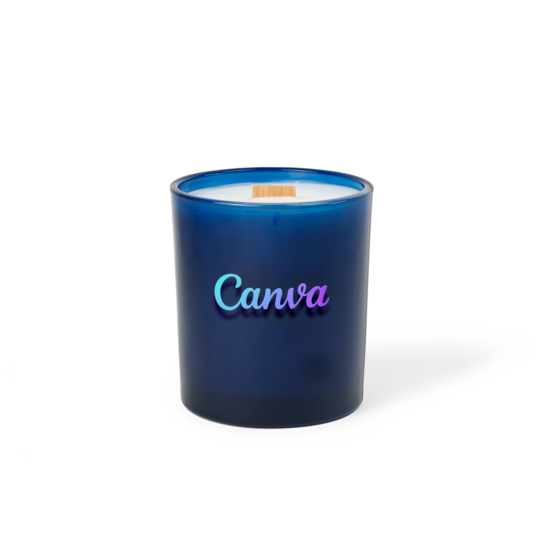 Blue colored-glass 14 oz candle with a printed brand logo, shown on its own.