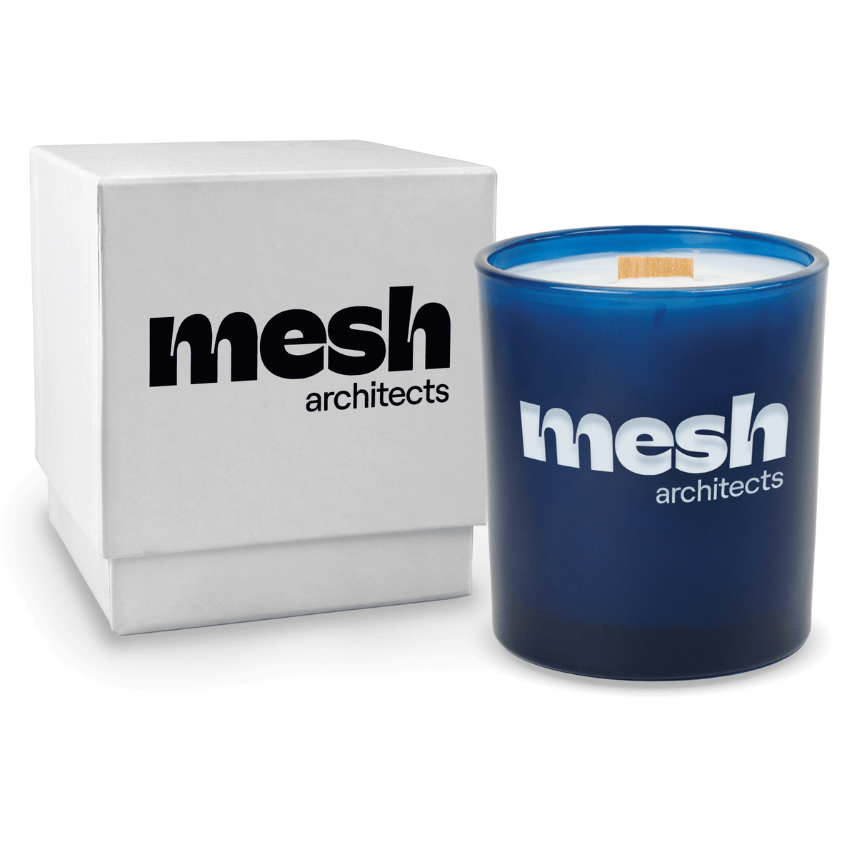 Blue 14 oz colored glass engraved logo candle beside a glossy white gift box on a white background.