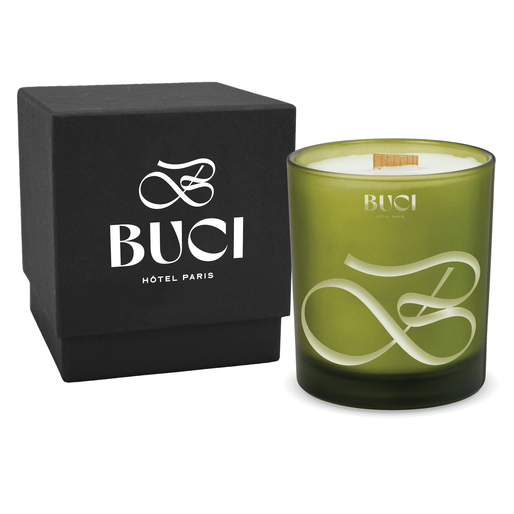 Green colored-glass 14 oz candle beside a matte black gift box.