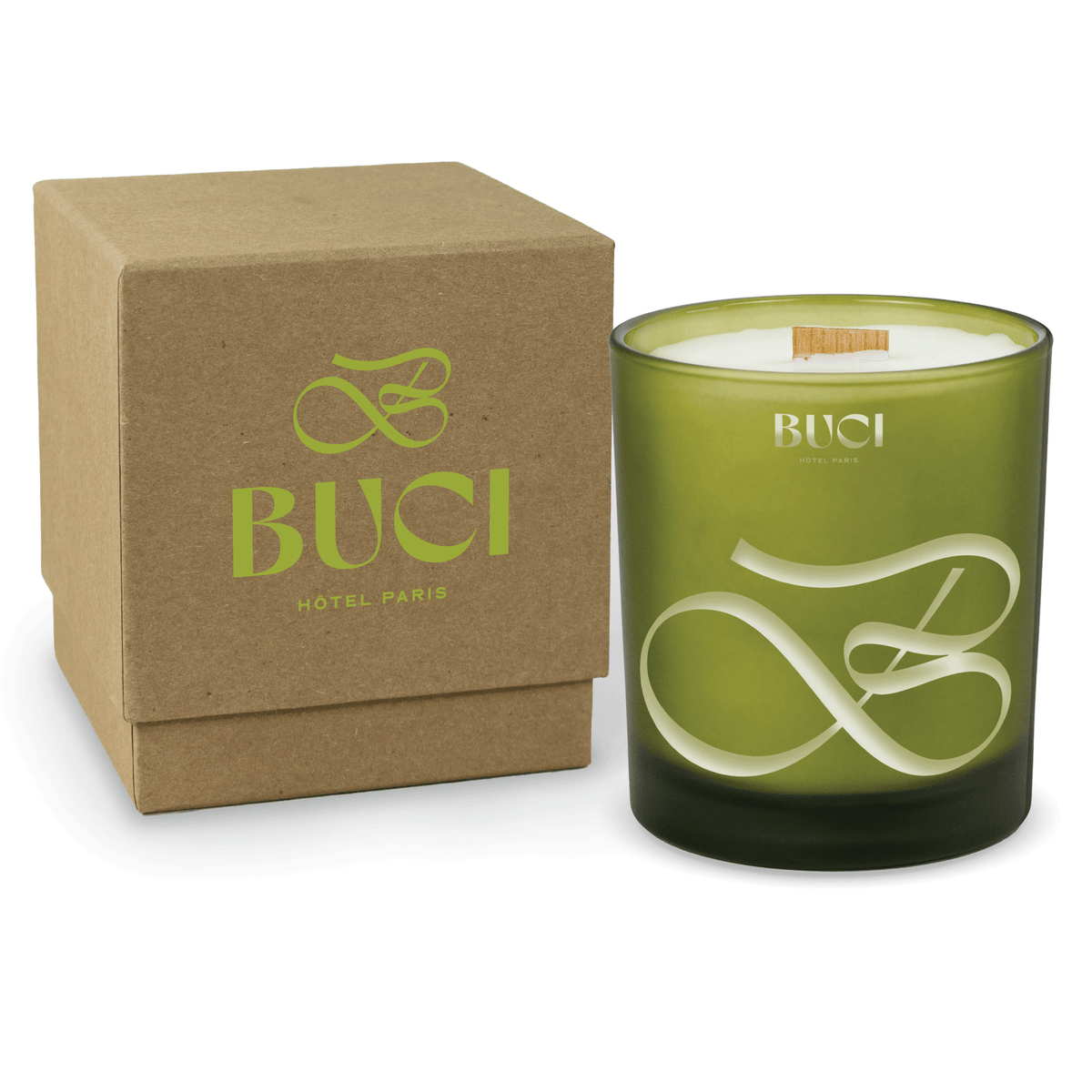 Green 14 oz colored glass engraved logo candle beside a kraft gift box on a white background.