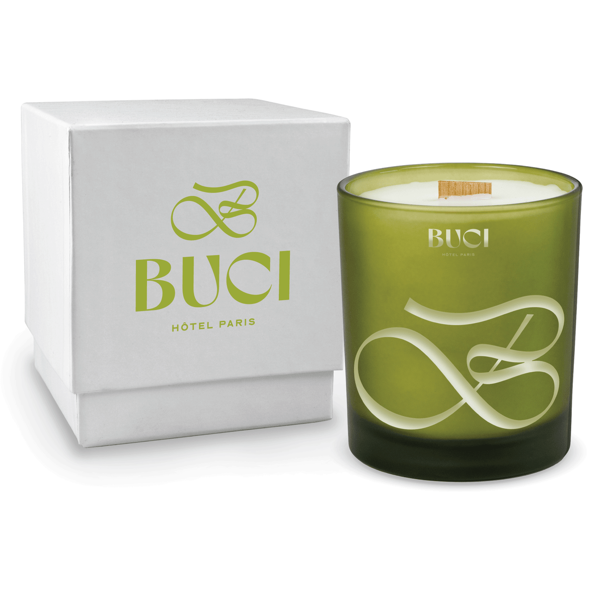 Green 14 oz colored glass engraved logo candle beside a glossy white gift box on a white background.