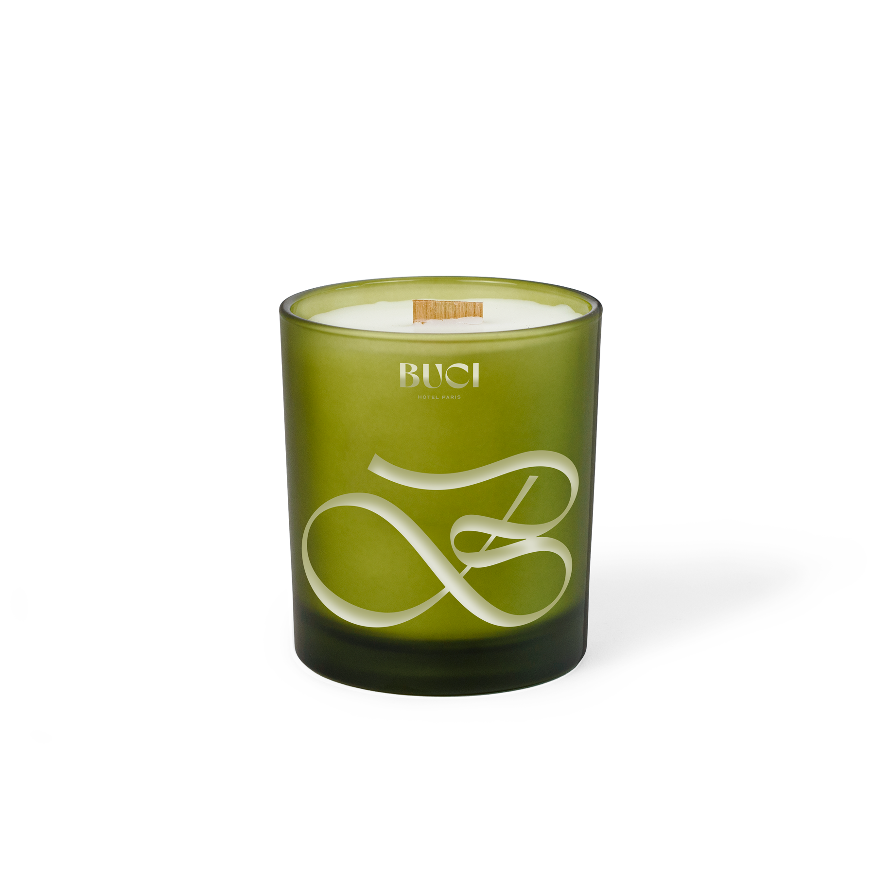 Green colored-glass 14 oz candle with an engraved brand logo, shown on its own.