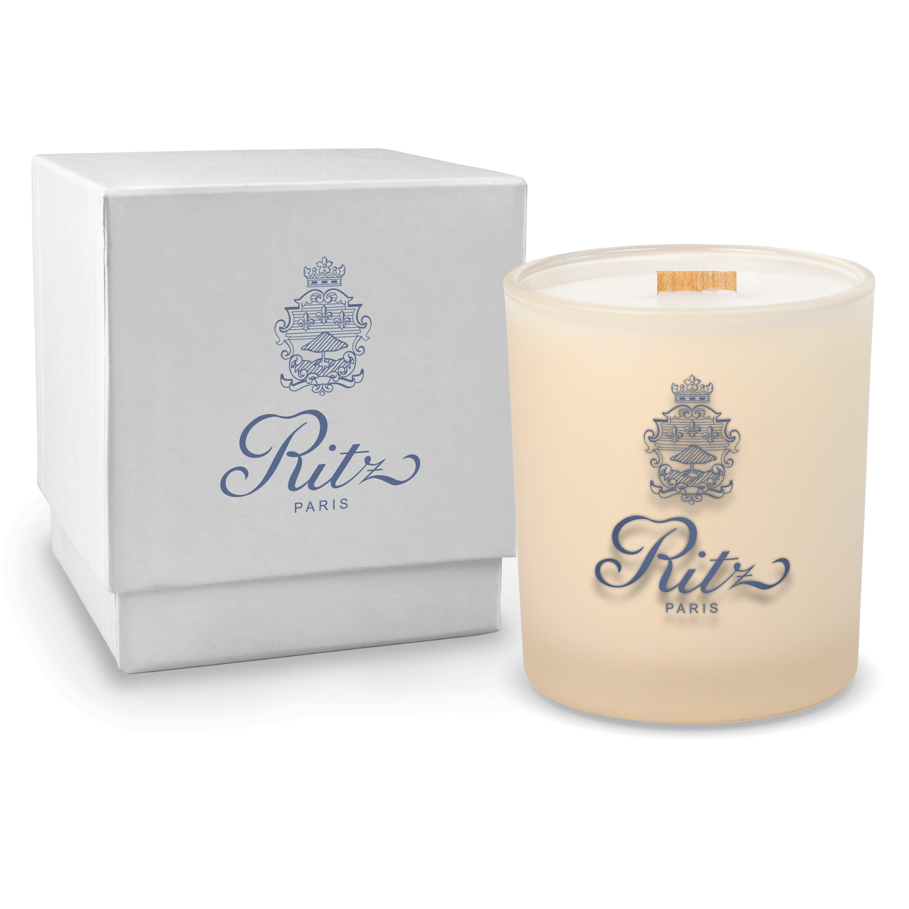 Ivory colored-glass 14 oz candle beside a glossy white gift box.
