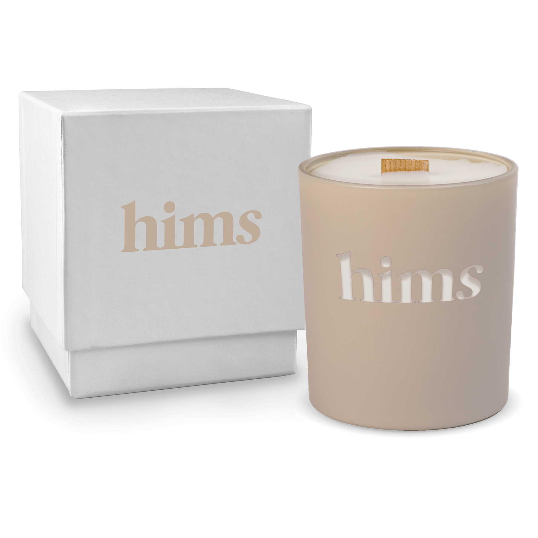Nude colored-glass 14 oz candle beside a glossy white gift box.