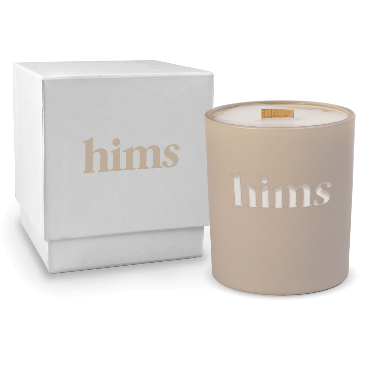 Nude colored glass candle, 14 oz, shown alongside its glossy white gift box