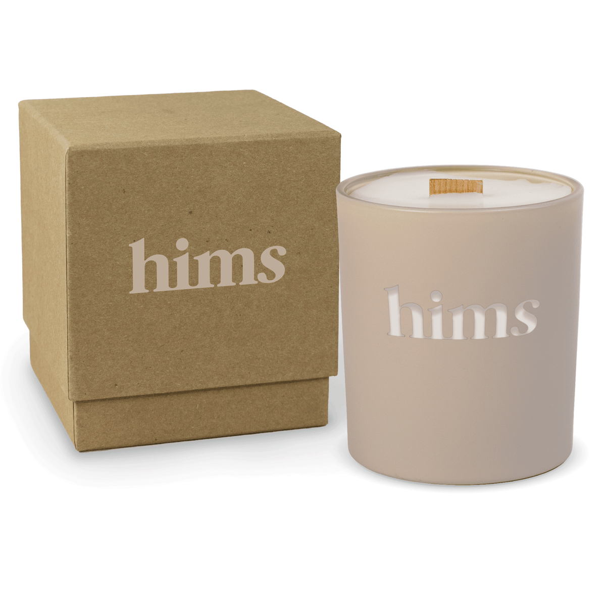 Nude 14 oz colored glass engraved logo candle beside a kraft gift box on a white background.