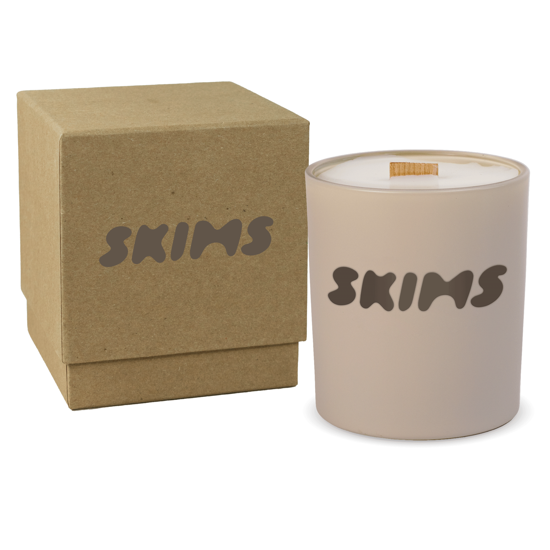 Nude colored-glass 14 oz candle beside a kraft gift box.