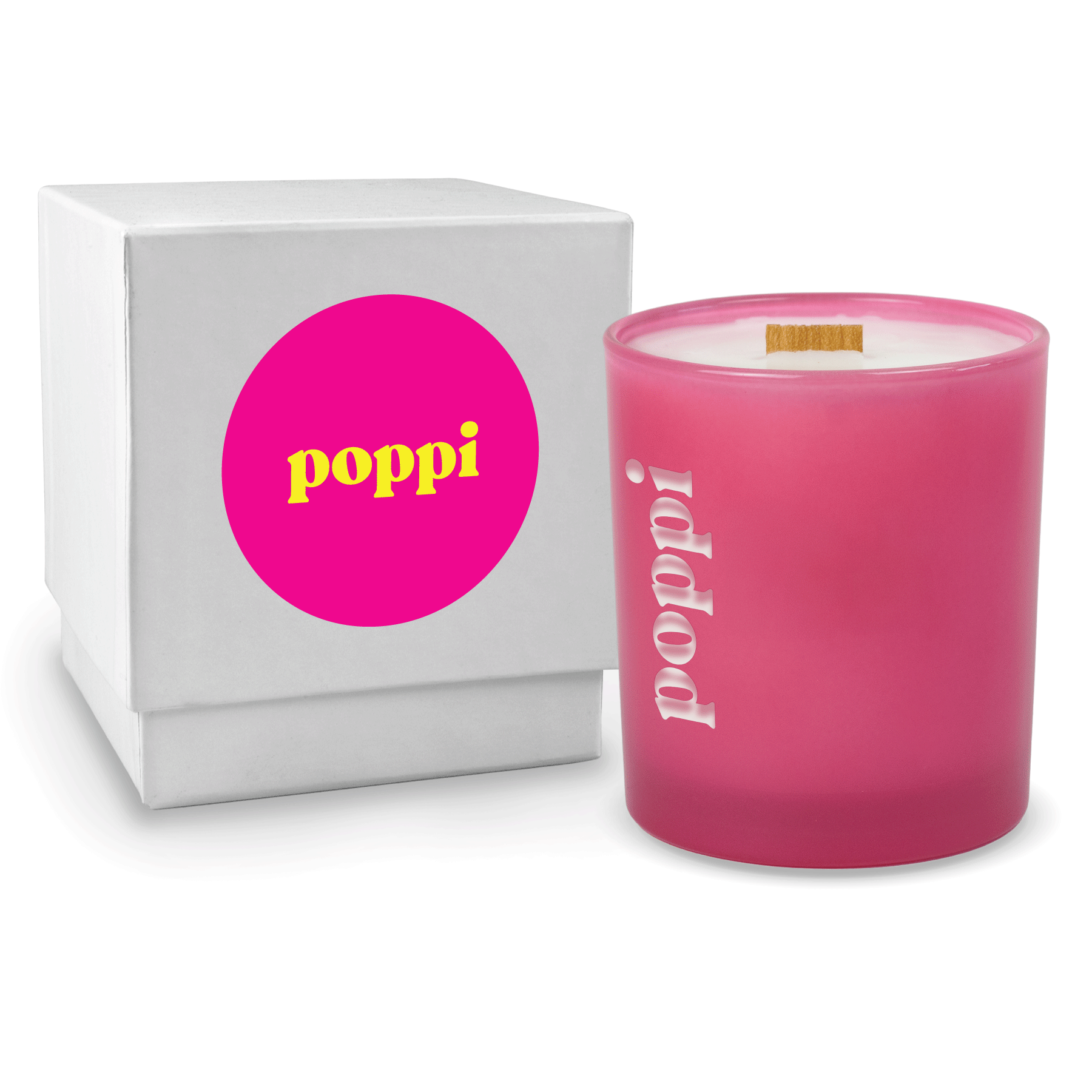 Pink colored-glass 14 oz candle beside a glossy white gift box.