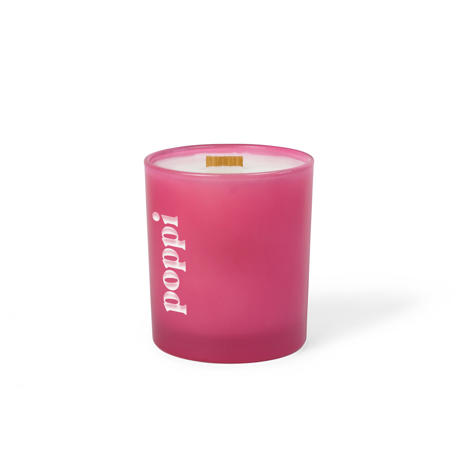 Pink colored-glass 14 oz candle with an engraved brand logo, shown on its own.