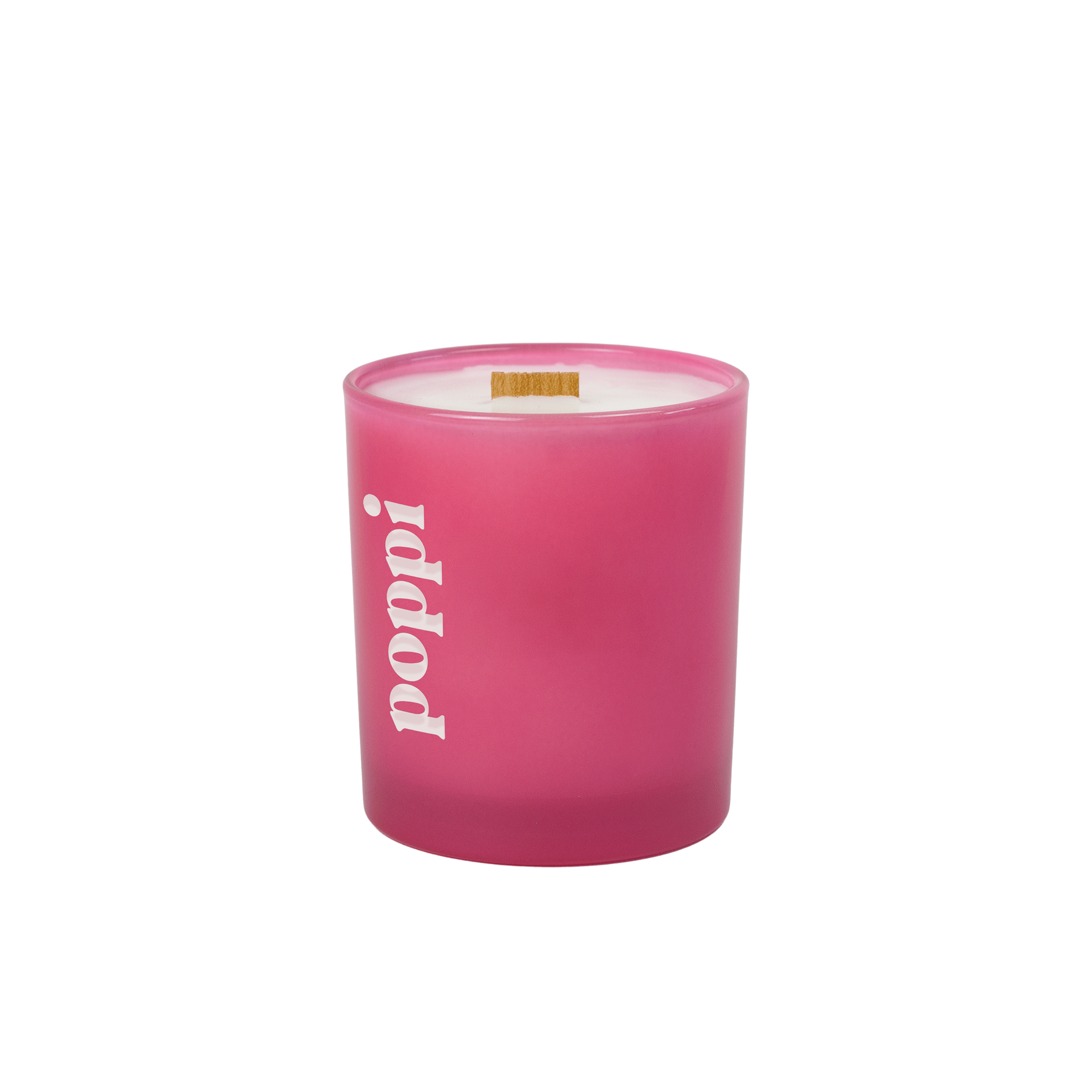 Printed-logo pink colored glass candle in 14 oz size, photographed on its own