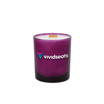 Purple colored-glass 14 oz candle with a printed brand logo, shown on its own.