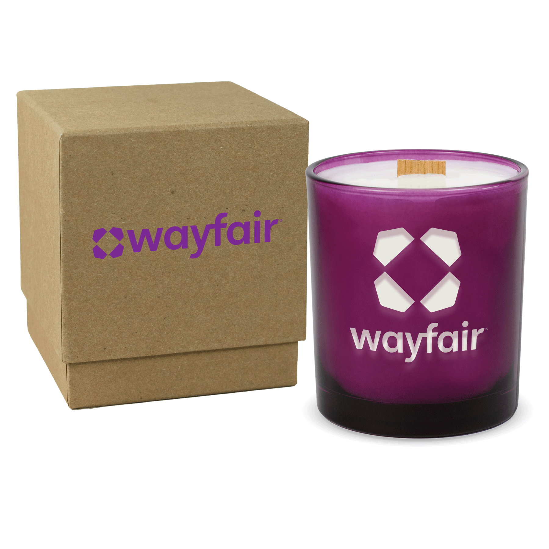 Purple colored-glass 14 oz candle beside a kraft gift box.