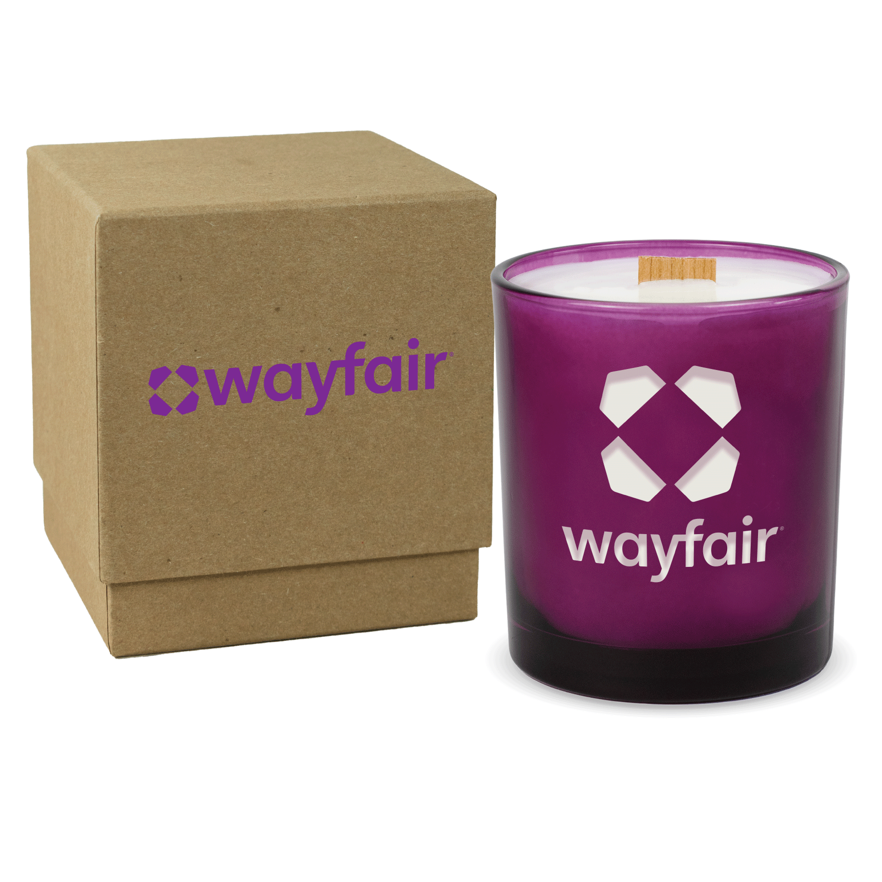 Purple 14 oz colored glass candle displayed beside a natural kraft gift box