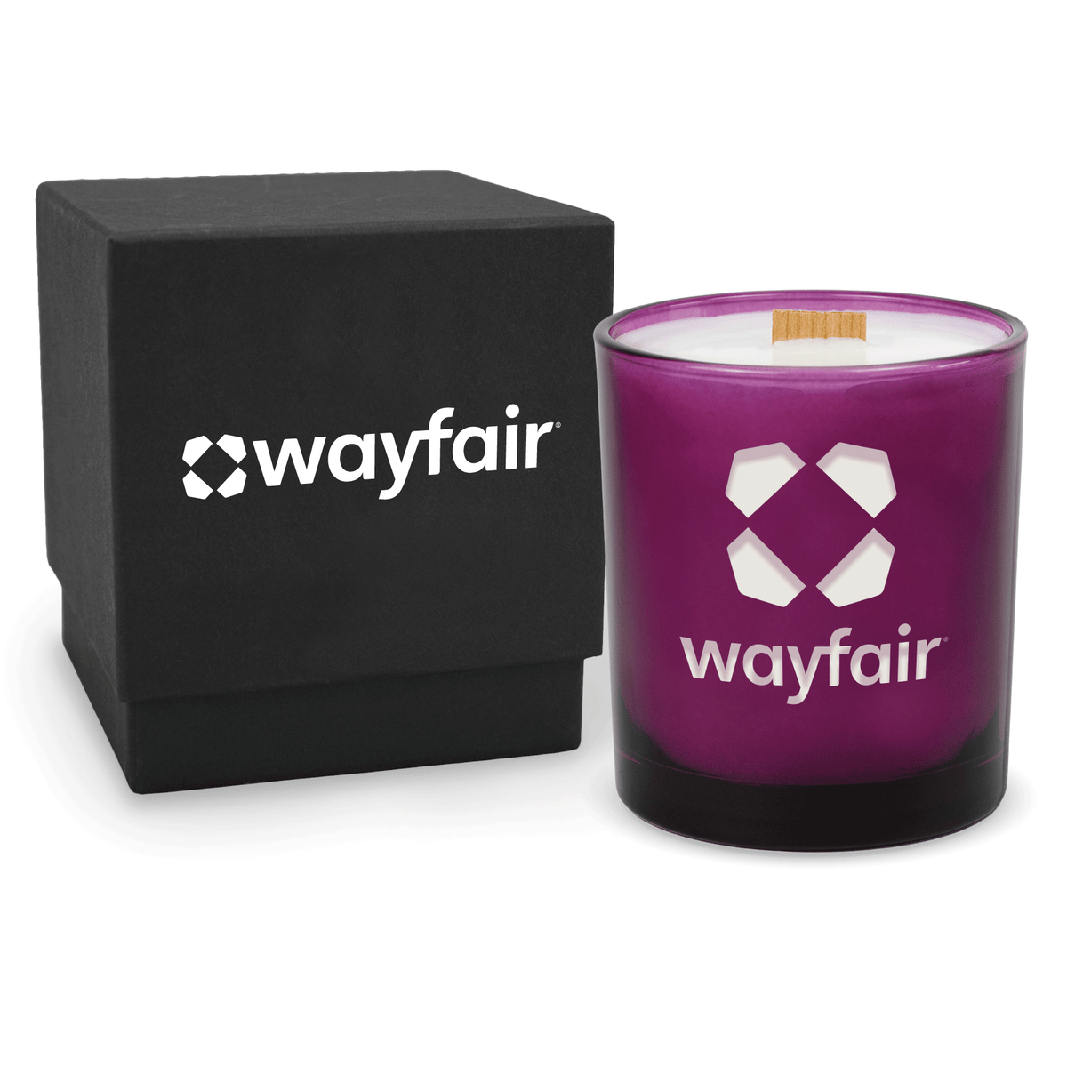 Purple 14 oz colored glass engraved logo candle beside a matte black gift box on a white background.