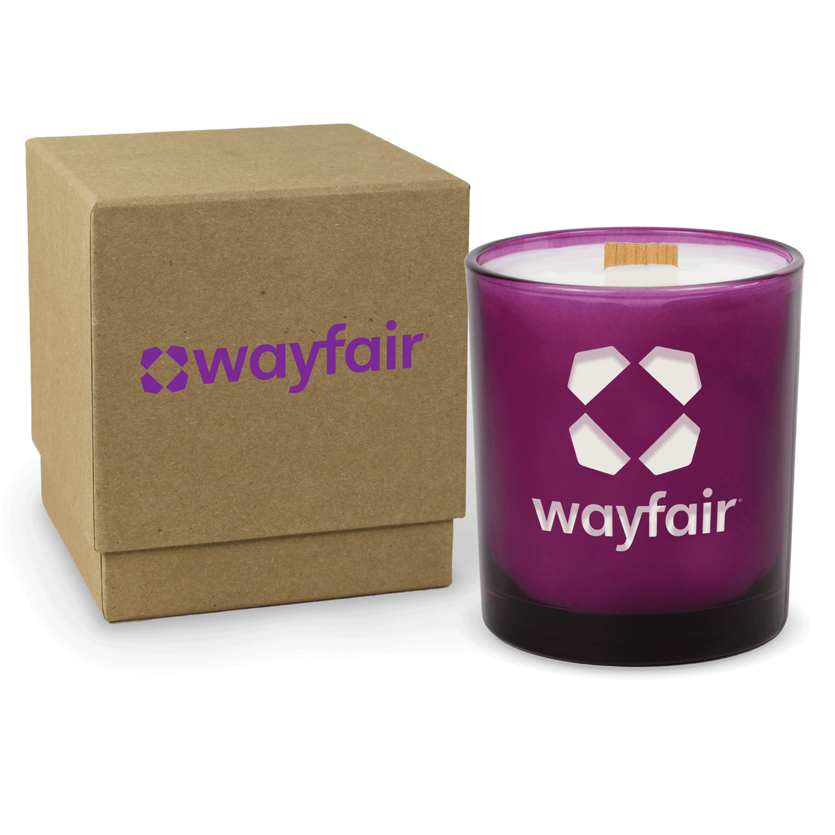 Purple 14 oz colored glass engraved logo candle beside a kraft gift box on a white background.