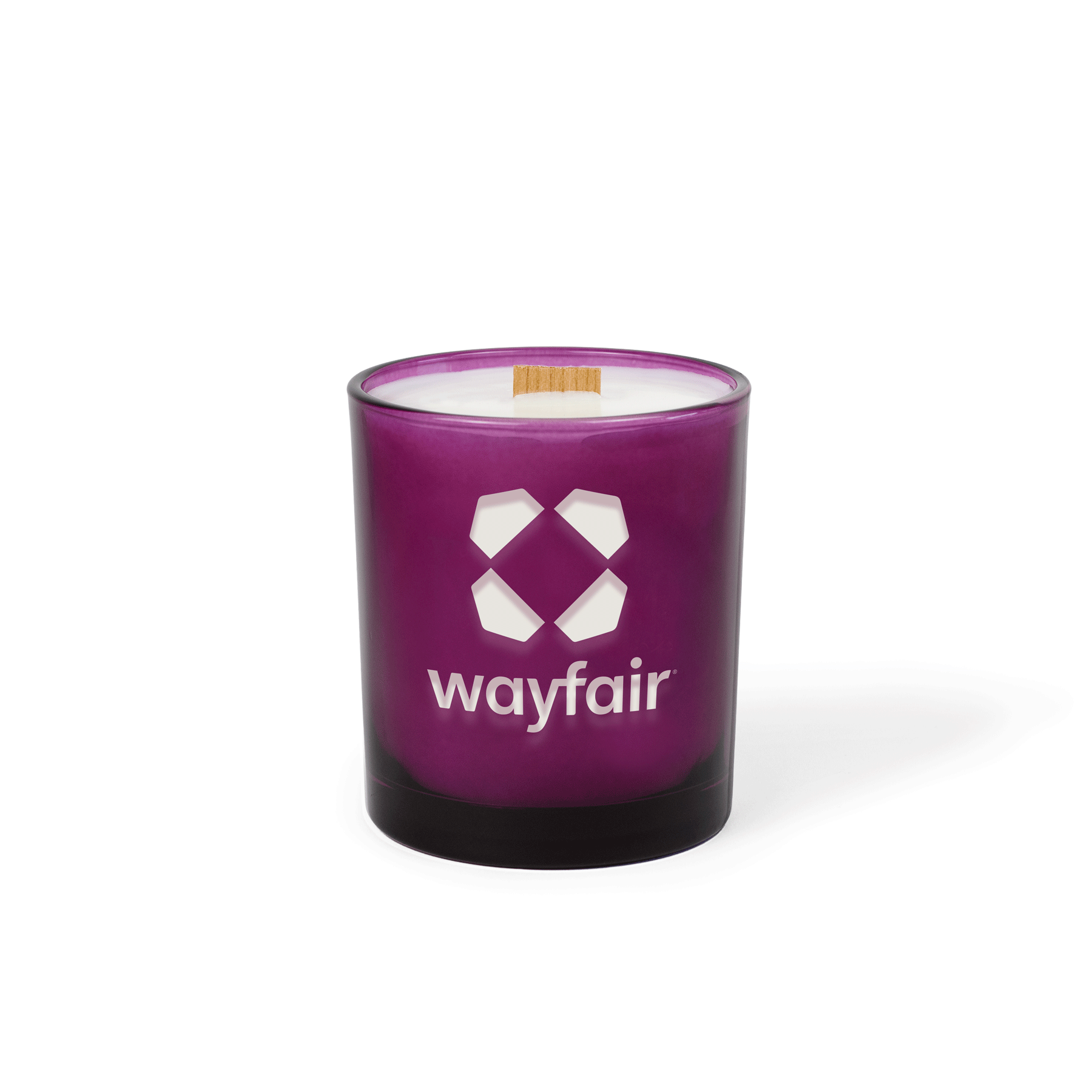 Purple colored-glass 14 oz candle with an engraved brand logo, shown on its own.
