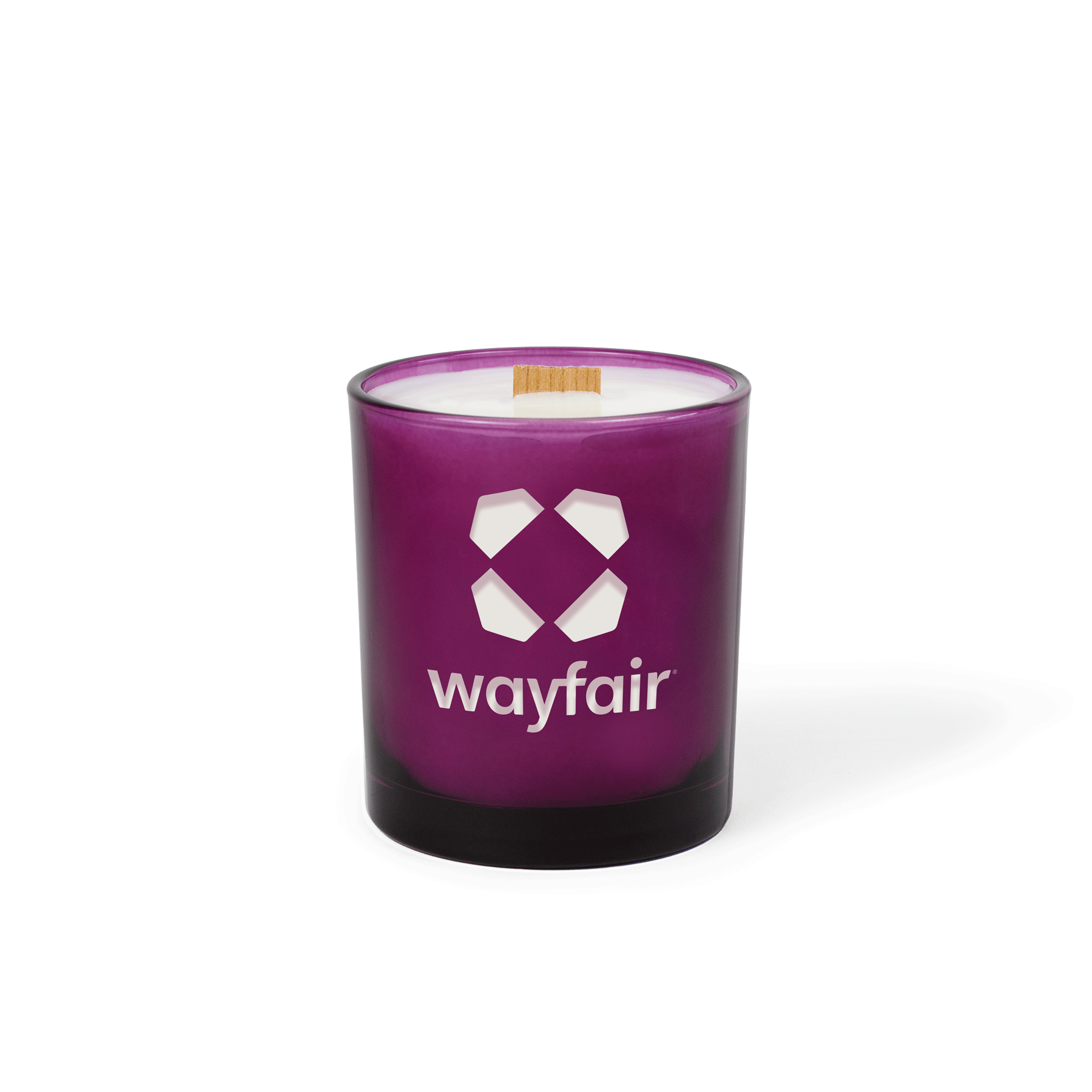 Custom-branded purple 14 oz colored glass candle with a printed logo, single unit