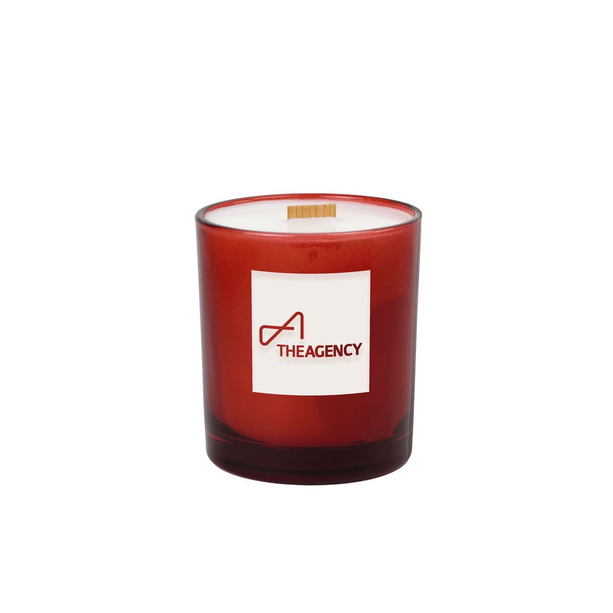 Red colored glass 14 oz candle carrying a printed custom logo, shown alone