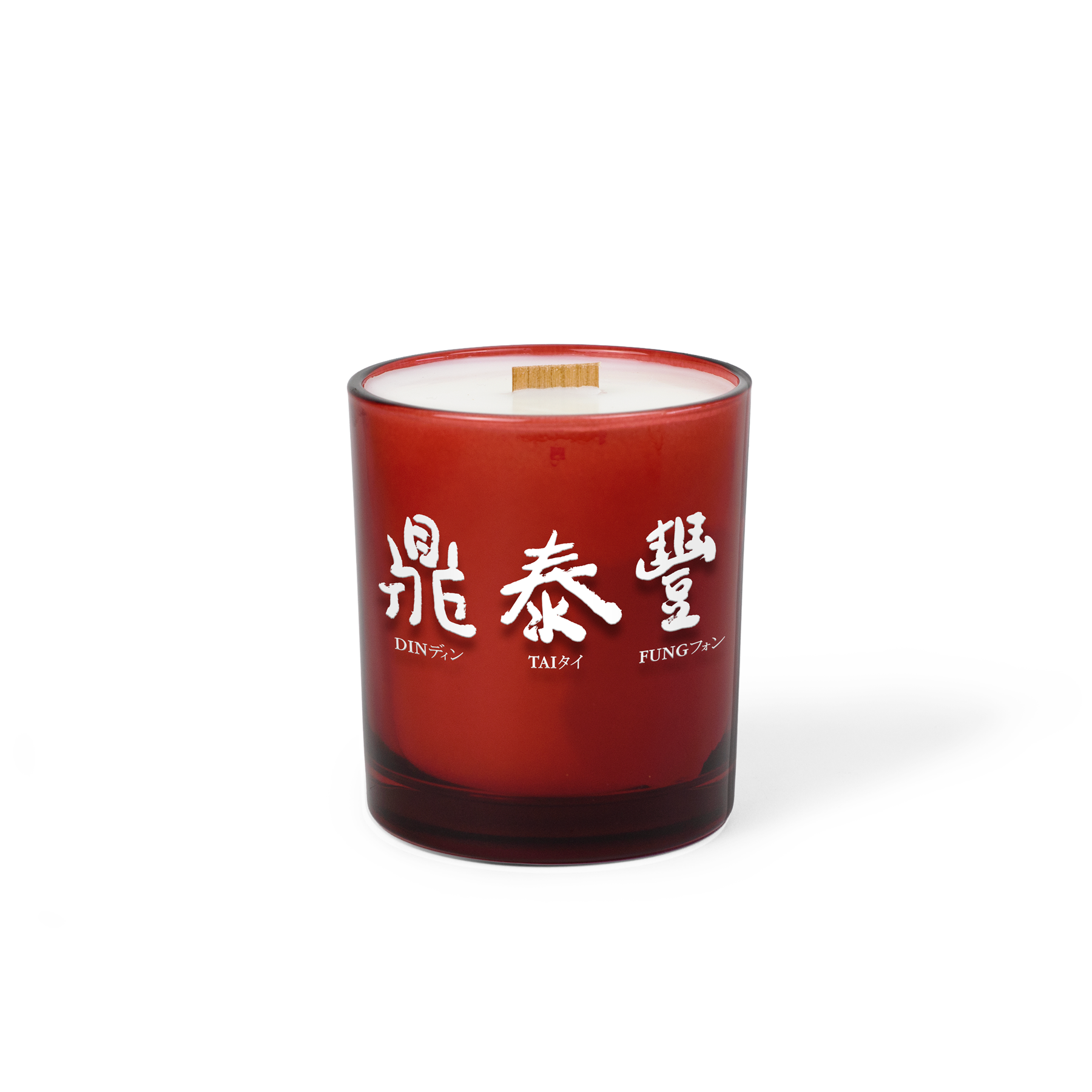 Red colored-glass 14 oz candle with a printed brand logo, shown on its own.