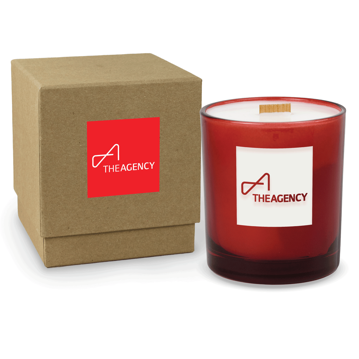 Red 14 oz colored glass engraved logo candle beside a kraft gift box on a white background.