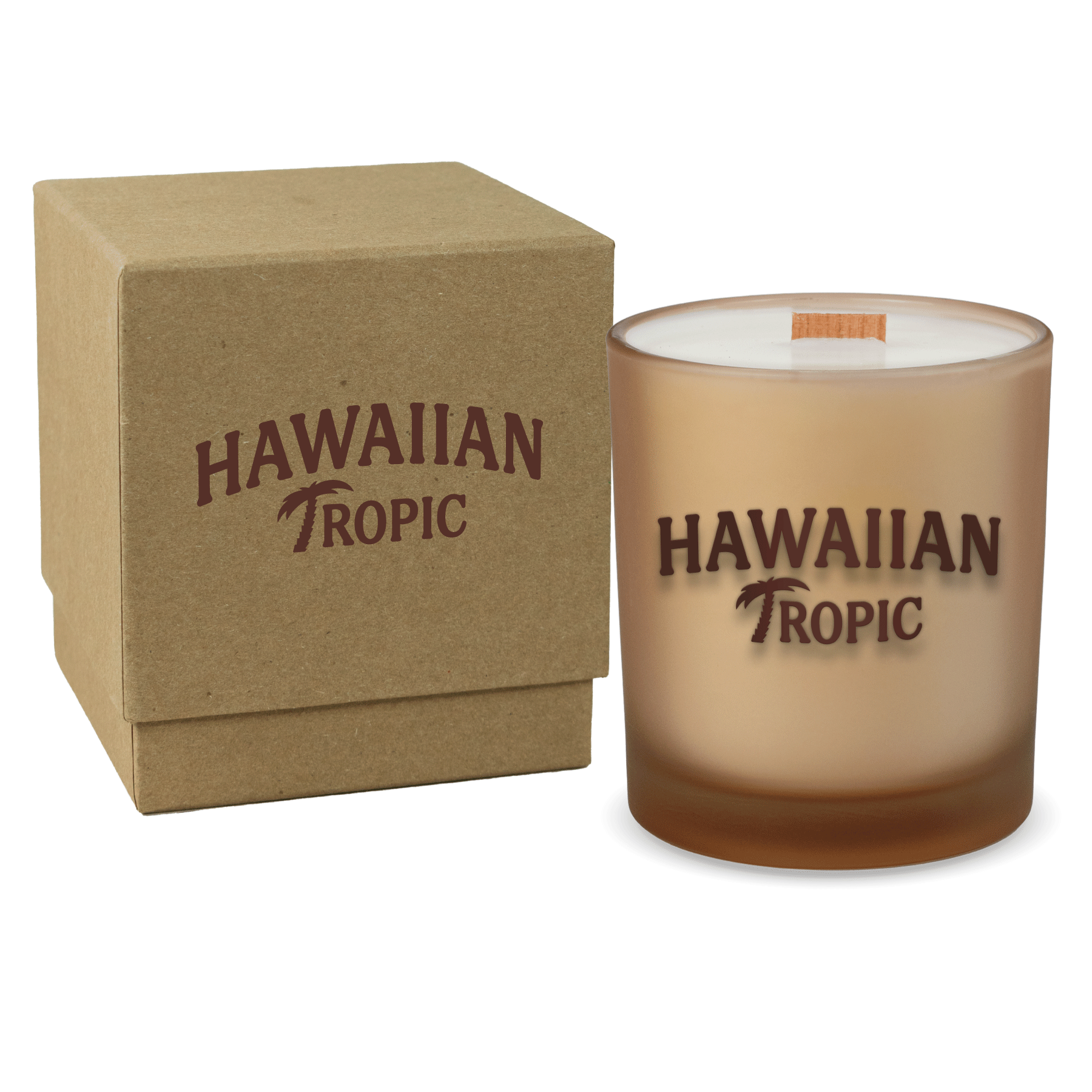Sand colored-glass 14 oz candle beside a kraft gift box.