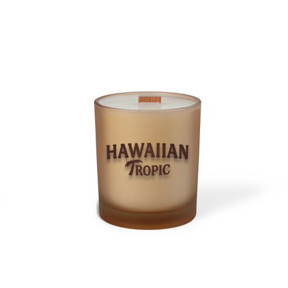 Sand colored-glass 14 oz candle with a printed brand logo, shown on its own.