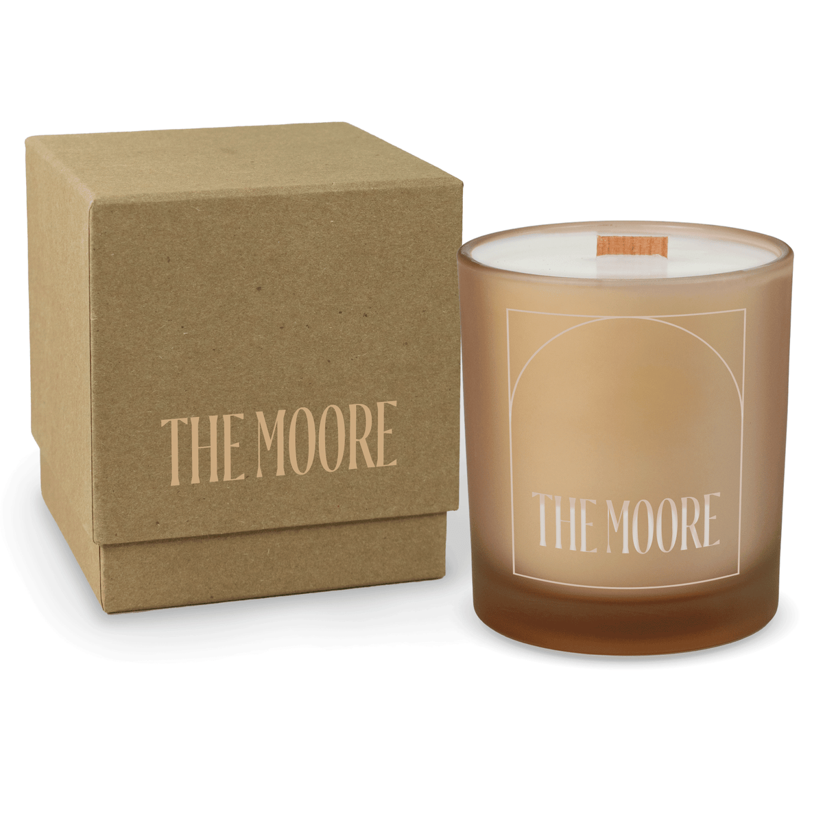 Sand 14 oz colored glass engraved logo candle beside a kraft gift box on a white background.