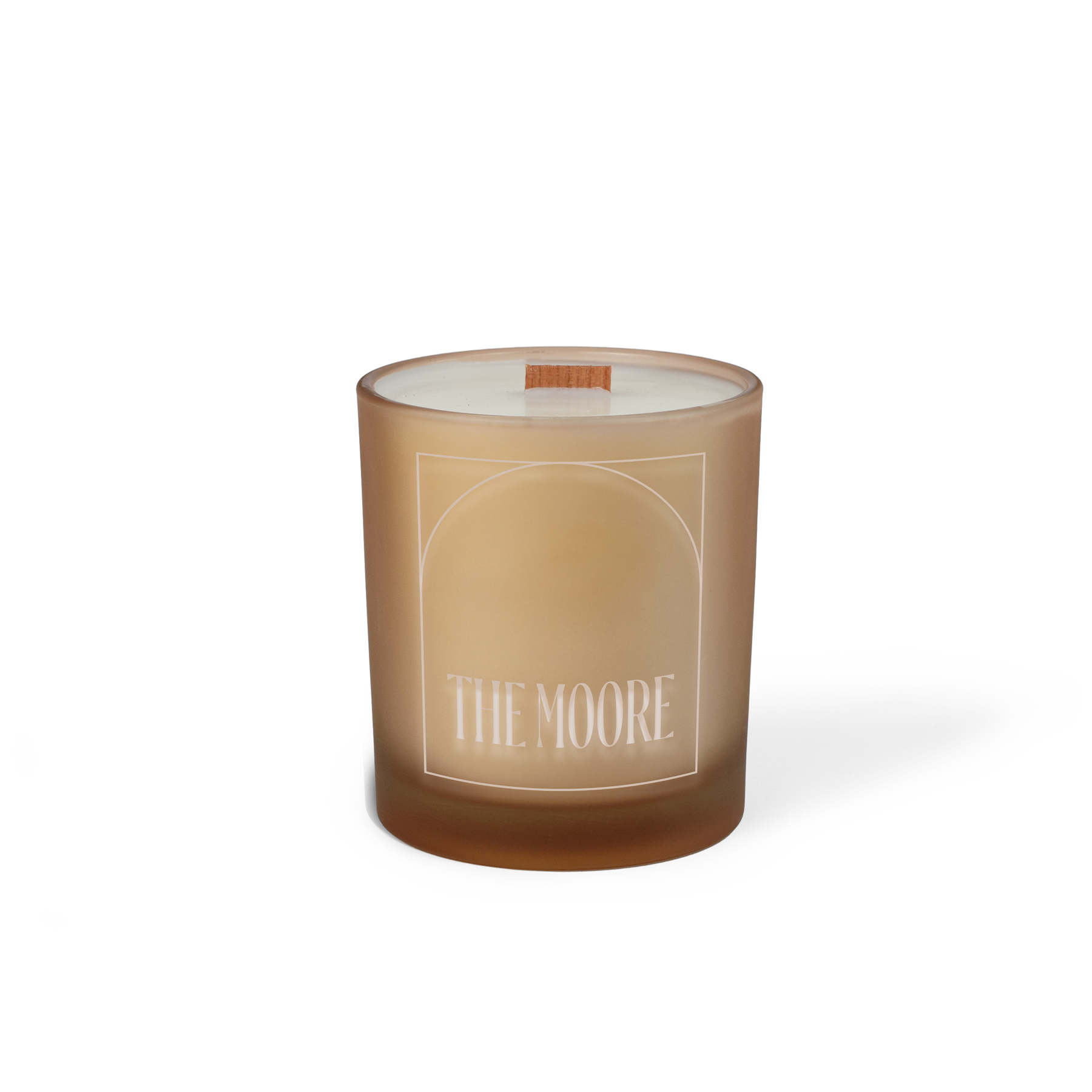 Sand colored-glass 14 oz candle with an engraved brand logo, shown on its own.