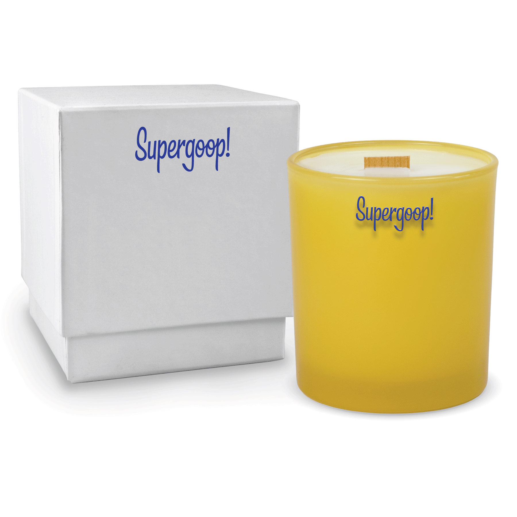 Yellow colored-glass 14 oz candle beside a glossy white gift box.